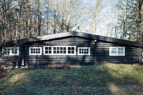 Zwart houten vakantiehuis '4-persoons vakantiewoning in Frederiksværk' tussen bomen in Denemarken.