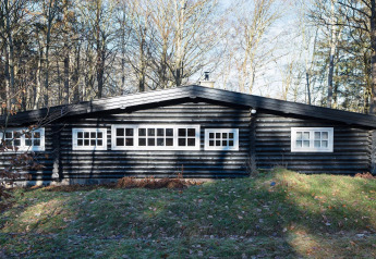 Cabane noire en bois nommée « maison de vacances 4 personnes à Frederiksværk » au Danemark entourée d’arbres.