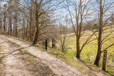 Grindpad bij bos en weide in Frederiksværk, Denemarken, met gemarkeerde wandelroute en bordjes.
