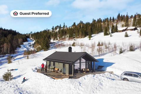 Schneebedecktes Chalet in Passebekk am Waldrand, mit Gästen vor dem Haus und bevorzugtem Gaststatus.