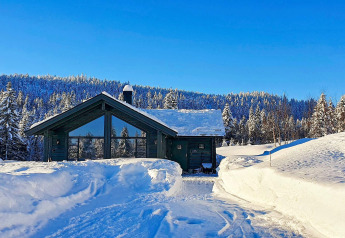 En hyggelig hytte dækket af sne i Passebekk, Sverige, omgivet af snedækkede skove og blå himmel.