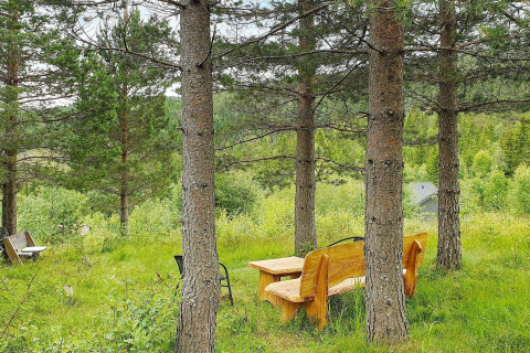 Zitplaats onder bomen bij het 6-persoons vakantiehuis in Passebekk, Zweden.