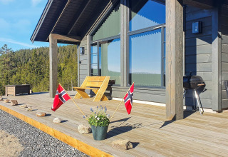 Ferienhaus mit Holzterrasse, norwegischen Fahnen und Grill, umgeben von grüner Waldlandschaft.