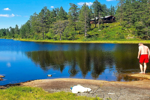 Uomo con pantaloncini rossi sul lago vicino al chalet 6 person holiday home in Passebekk, immerso nel bosco in Svezia.