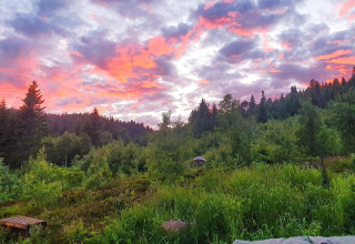 Coucher de soleil aux couleurs vives sur une forêt verdoyante près d’un chalet à Passebekk, Suède.