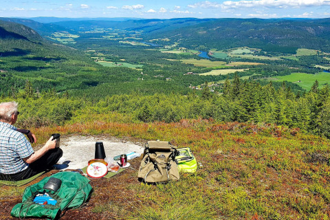 Älterer Mann hat Picknick auf einem Hügel mit weitem Talblick bei '6 person holiday home in Passebekk', Schweden.