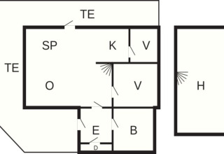 Grundriss eines 6-Personen-Ferienhauses in Passebekk, Schweden mit beschrifteten Räumen.