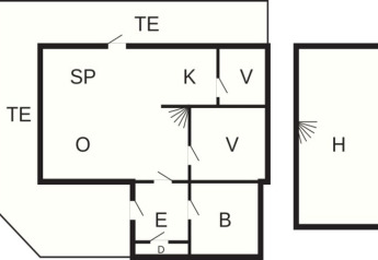 Plan d’un chalet 6 personnes à Passebekk, Suède, illustrant la disposition des pièces nommées.