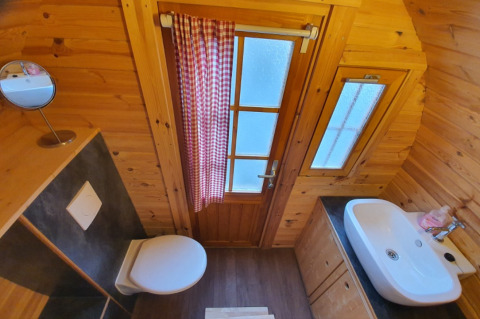 Kleine badkamer met houten wanden, toilet, wastafel en deur met geruit gordijn in glampingaccommodatie.