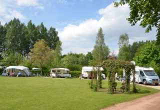 Parkcamping de Graafschap en Gelderland, glamping con caravanas y tiendas rodeado de naturaleza verde.