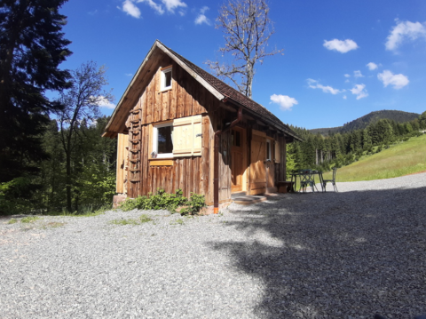 Holzhütte bei Boerderij Gallushof Lodges im Schwarzwald, Deutschland, umgeben von Wäldern und Wiesen.