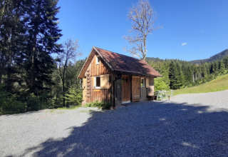 Accogliente baita di legno presso Boerderij Gallushof lodges nella Foresta Nera, circondata da alberi.
