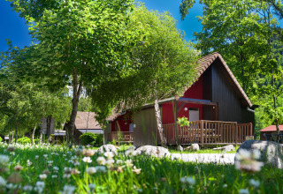 Glamping bij Auberge et Chalets de la Wormsa - Glamping Vogezen met houten chalets tussen het groen.