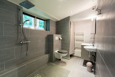 Accessible bathroom at Auberge et Chalets de la Wormsa - Glamping Vogezen with walk-in shower and toilet.