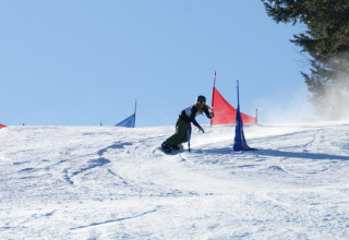 Skifahrer fährt auf Piste mit Flaggen im Auberge et Chalets de la Wormsa - Glamping Vogezen an einem sonnigen Tag.