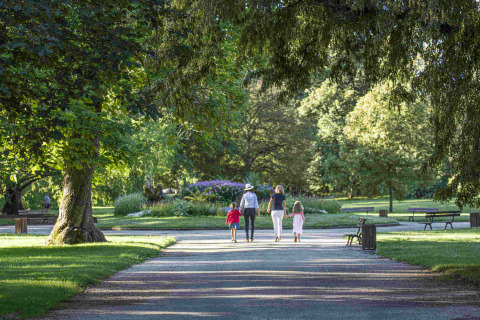 Family walking in a lush park close to Domaine la Chabanne - Safaritenten Auvergne-Rhône-Alpes glamping site.