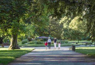Family walking in a lush park close to Domaine la Chabanne - Safaritenten Auvergne-Rhône-Alpes glamping site.