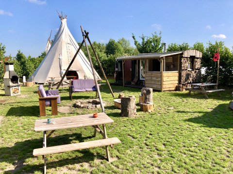 Zona de glamping con tipi, cabaña de madera y asientos al aire libre en Glamping 't Buitenland.
