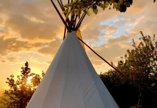 Tenda tipì al tramonto a Glamping 't Buitenland, circondata da alberi e ambiente naturale pittoresco.