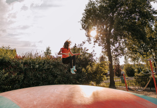 Enfant sautant sur un grand coussin d'air en plein soleil au Recreatiepark de Achterste Hoef, tentes safari Brabant.