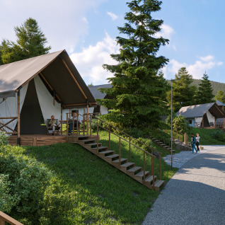 Glamping Village Kötschach - Safaritenten Karinthië: modern safari tents on grassy hills amid pine trees and mountains.