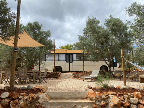 Glamping accommodatie Algarve Olive Tree Lodge met hippie schoolbus tussen olijfbomen en buitenzitjes.
