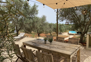 Mesa de comedor al aire libre bajo toldo, luces, sillas de madera, olivares y piscina en Algarve Olive Tree Lodge.