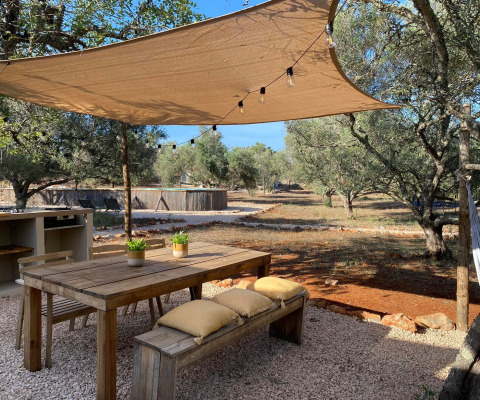 Zona pranzo all’aperto presso Algarve Olive Tree Lodge con tavolo in legno e vista sugli ulivi.