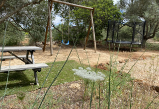 Buitenspeelplaats met schommel, trampoline en picknicktafel bij Algarve Olive Tree Lodge glampinglocatie.