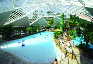 Piscina cubierta con plantas tropicales y techo de cristal en Camping Südsee-Camp - Luxe chalets Nedersaksen.