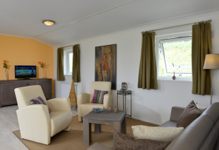 Séjour lumineux et confortable au Camping en Vakantiepark Brilon - Chalets Noordrijn-Westfalen avec des fauteuils modernes.