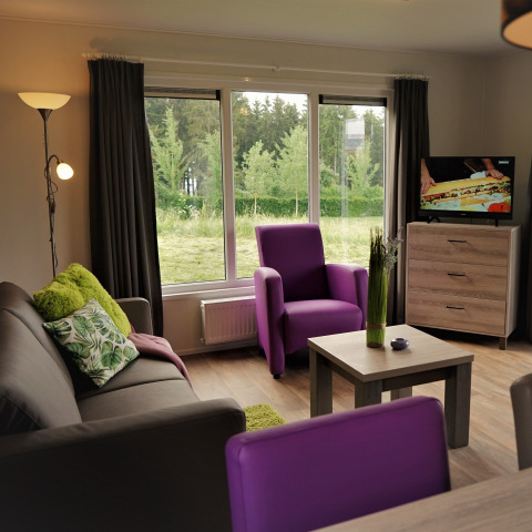 Interni di un alloggio glamping nel Camping en Vakantiepark Brilon, Chalets Nord Reno-Westfalia, con poltrone viola.