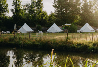 Hébergements glamping avec trois tentes cloches blanches chez REBL Outdoor – Bell tenten Friesland près d’un étang arboré.