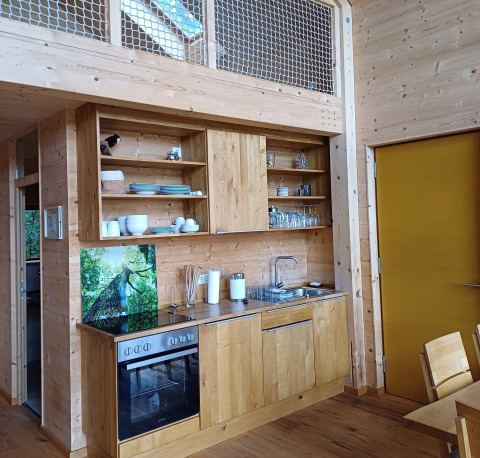 Et moderne træbeklædt køkken i glampingindkvartering Sankt Martin boomhut i Rijnland-Palts, Tyskland.