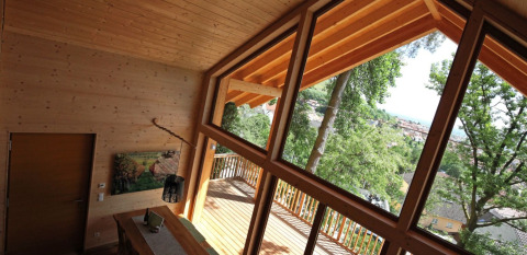 Indvendig udsigt fra Sankt Martin boomhut i Rheinland-Pfalz med store vinduer og naturskøn udsigt.