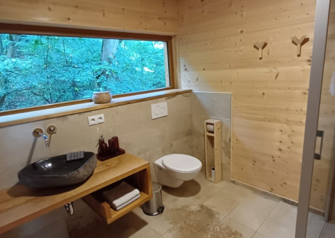 Moderne houten badkamer met groot raam en boszicht in de Sankt Martin boomhut, Rijnland-Palts.