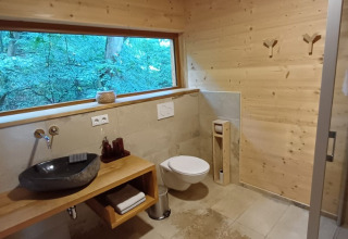 Bagno moderno in legno con grande finestra sul bosco, nella casa sull'albero Sankt Martin, Renania-Palatinato.