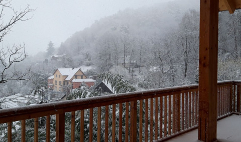 Vue d'une terrasse en bois sur des arbres et des maisons enneigées près de Sankt Martin boomhut, Rhénanie-Palatinat.