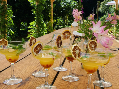 Cocktail rinfrescanti con fette di limone essiccato su un tavolo di legno a Land of Deveza - Glamping Portugal.