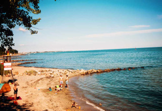 Des familles profitent de la plage au Camping Walkyria - Lodges aan de Oostzee avec eau claire et ciel ensoleillé.