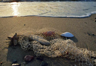 Sonnenuntergang am Meer mit Sand, Netz, Krabbe und Muscheln, Camping Walkyria - Lodges aan de Oostzee.