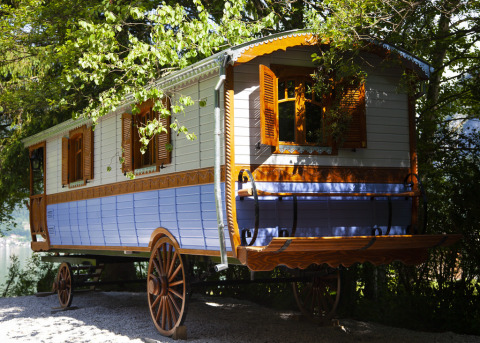 Farverig glampingvogn i træ, Park am See, Obertraun, Østrig, omgivet af træer og natur.
