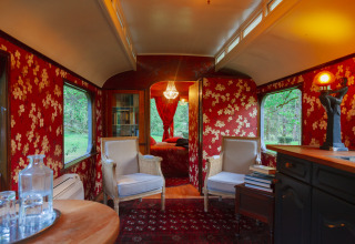 Vintage indrettet glampingvogn med røde blomstrede vægge, lyse lænestole og udsigt til grøn natur.