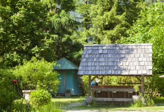 Glamping accommodation Park am See in Obertraun, Austria, surrounded by lush green trees and outdoor sinks.