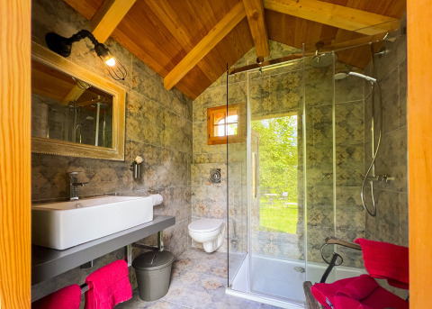 Modern bathroom in the glamping accommodation 'Park am See - Vakantiewoning' in Obertraun, Austria, with garden view.