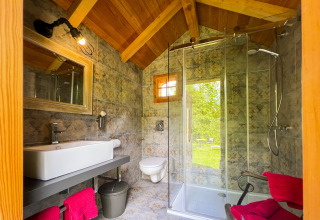 Moderne badeværelse i glampingindkvartering 'Park am See - Vakantiewoning' i Obertraun, Østrig, med udsigt over naturen.