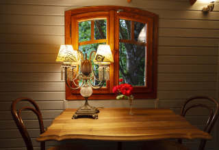 Cozy dining area with wooden table, two chairs, vintage lamp and red flowers in a vase by a window.