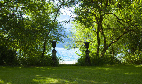 Grüner Park am See mit Bäumen und Blick aufs Wasser, Park am See Glamping in Obertraun, Österreich.