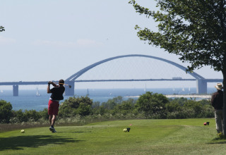 Golfeur sur un parcours en bord de mer avec vue sur le pont Fehmarn près du camping Wulfener Hals.