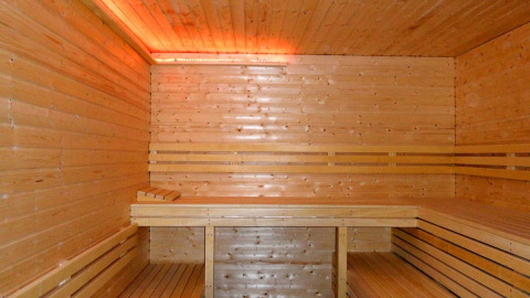 Interno di una moderna sauna in legno con panche al Nord-Ostsee Camp - Pods Schleswig-Holstein.